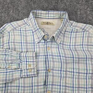 Tommy Bahama Shirt Mens Large Blue Plaid Linen Long Sleeve Button Up Casual Prep